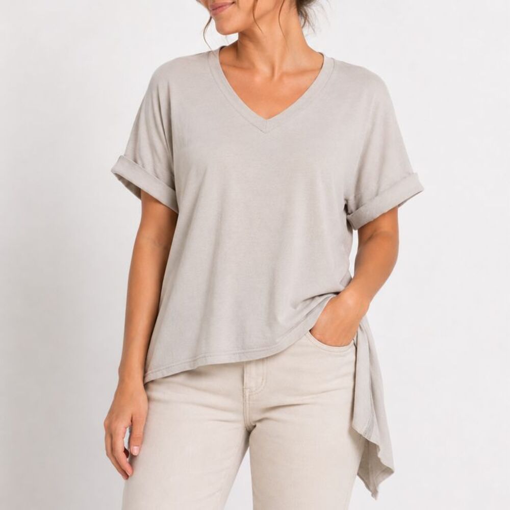 Joh. Women's M Taupe V-Neck Cotton Knit Tunic Top Dolman Short Sleeve